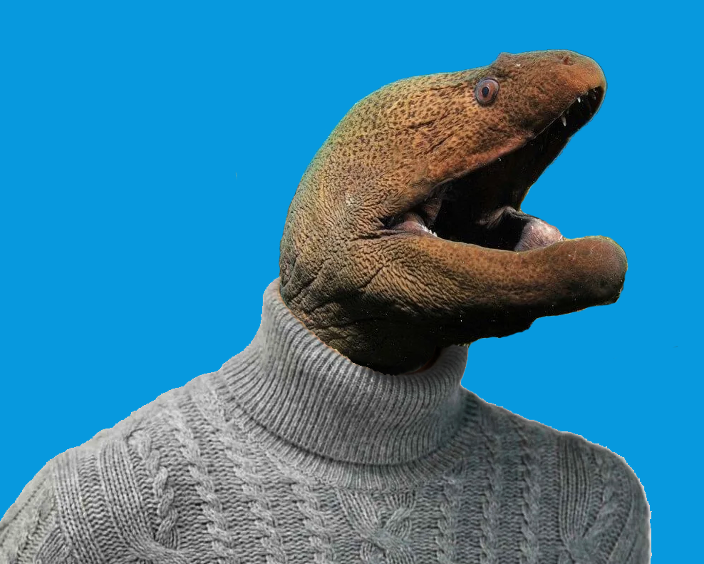 a moray eel in a turtleneck sweater