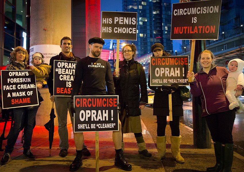 Demonstration against Oprah Winfrey's endoresment of foreskin-based cosmetics