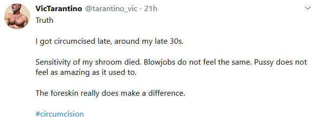 regret-vic ''sensitivity of my shroom died. Blowjobs do not feel the same. Pussy does not feel as amazing as it used to''